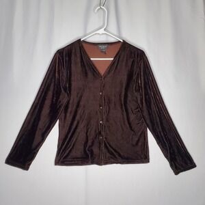 Ann Mali Brown Velvet Button Cardigan Top Women Large‎ Stretch Fairy Luxury 90s